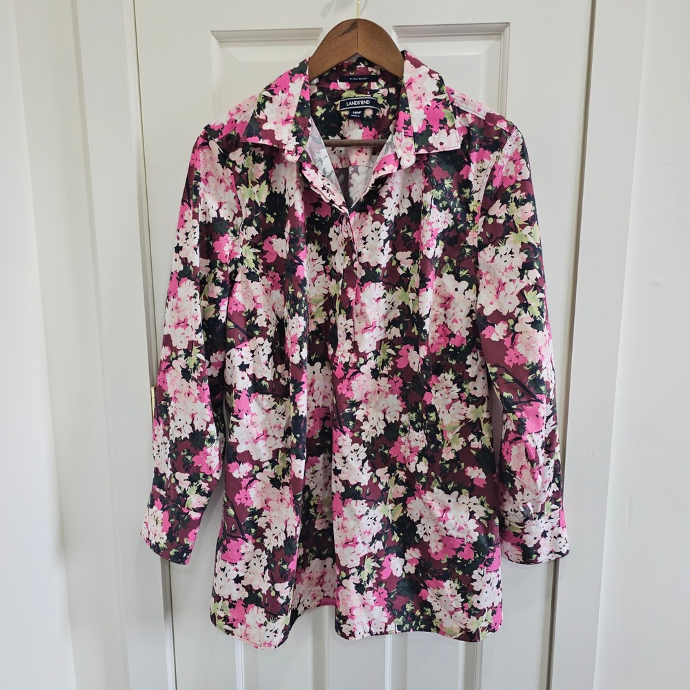 Lands End No Iron Supima Cotton Floral Button Down Shirt Pink 18W Long Sleeve